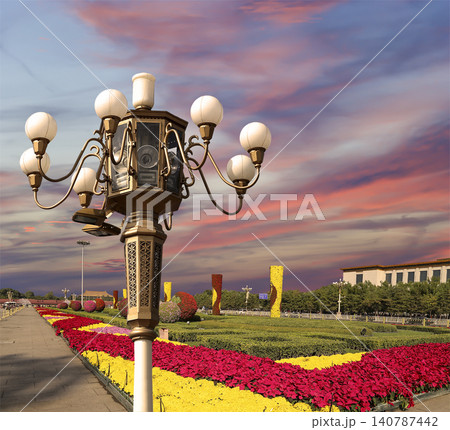 Street lamp on Tiananmen Square in Beijing, China (against the sunset), with propaganda or public announcement speakers Street lamp on Tiananmen Square in Beijing, China (against the sunset), with propaganda or public announcement speakers 140787442