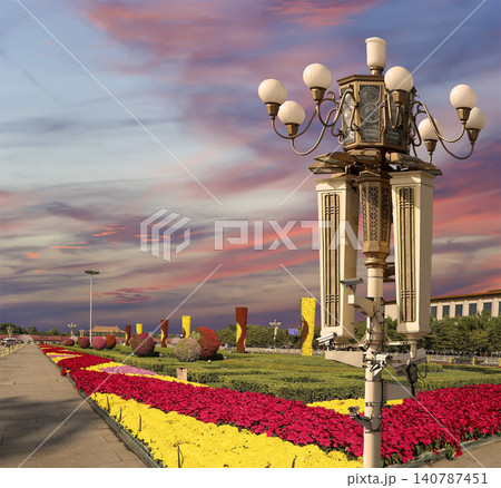 Street lamp on Tiananmen Square in Beijing, China (against the sunset), with propaganda or public announcement speakers Street lamp on Tiananmen Square in Beijing, China (against the sunset), with propaganda or public announcement speakers 140787451