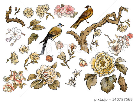 Chinoiserie set of floral and bird elements with branches, Chinoiserie set of floral and bird elements with branches, 140787569