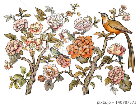 Chinoiserie set of floral and bird elements with branches, Chinoiserie set of floral and bird elements with branches, 140787573