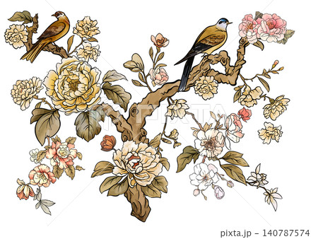 Chinoiserie set of floral and bird elements with branches, Chinoiserie set of floral and bird elements with branches, 140787574