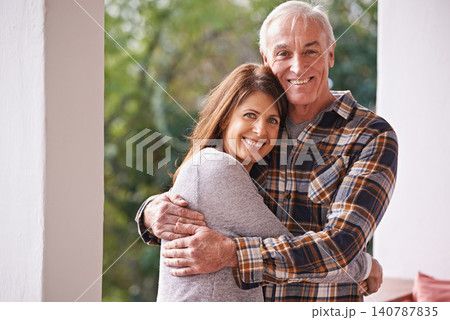 Portrait, senior and man hug daughter with love, outdoor and patio of home, smile and happiness. Family, male person and woman embrace with care, girl and visit father in retirement and house 140787835