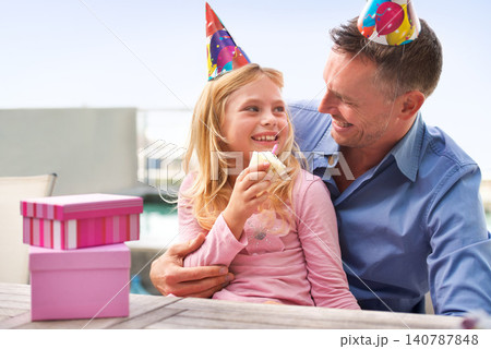 Girl, dad or happy birthday at family, party or cake to love, bonding or together at poolside patio. Papa, child or smile at cupcake, candle or gift to embrace, care or celebrate as childhood wish Girl, dad or happy birthday at family, party or cake to love, bonding or together at poolside patio. Papa, child or smile at cupcake, candle or gift to embrace, care or celebrate as childhood wish 140787848