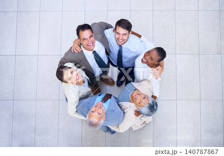 Huddle, portrait and business people in circle for support, solidarity and office partnership. Employee, diversity and corporate team with collaboration for meeting, motivation and happy from above Huddle, portrait and business people in circle for support, solidarity and office partnership. Employee, diversity and corporate team with collaboration for meeting, motivation and happy from above 140787867