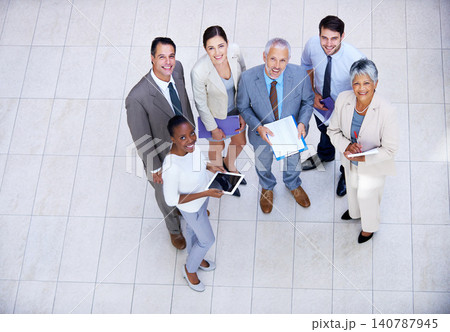 Businesspeople, happy and paperwork for professional discussion, diversity coworkers and technology. Documents, business partnerships and staff meeting, tablet with top view collaboration of people 140787945