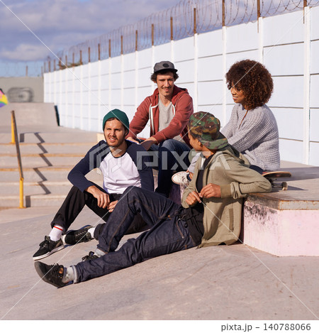 Skate park, diversity and group with conversation, sunshine and relaxing after training for competition. Multiracial, friends and team on a break, summer and bonding together with skaters in a park 140788066