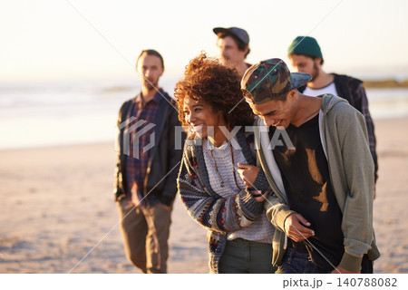 Travel, beach and laughing friends walking in nature for vacation, bonding or holiday together at sunset. Happy, journey or gen z group of people at sea for fresh air, conversation or ocean adventure Travel, beach and laughing friends walking in nature for vacation, bonding or holiday together at sunset. Happy, journey or gen z group of people at sea for fresh air, conversation or ocean adventure 140788082