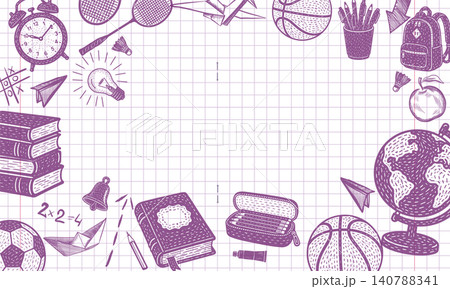 Back to school Kids education. Doodle hand drawn text frame. Pen sketch elements. Children study. Science learn. Books and stationery. Vector Not AI Back to school Kids education. Doodle hand drawn text frame. Pen sketch elements. Children study. Science learn. Books and stationery. Vector Not AI 140788341