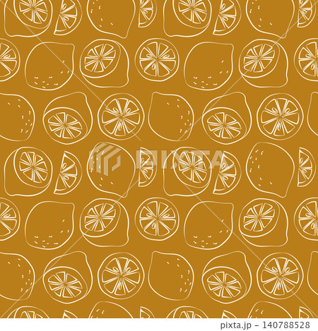 Hand-drawn seamless background with sliced lemon in line art style for grocery shop, farmers market, summer packaging, event decor Hand-drawn seamless background with sliced lemon in line art style for grocery shop, farmers market, summer packaging, event decor 140788528
