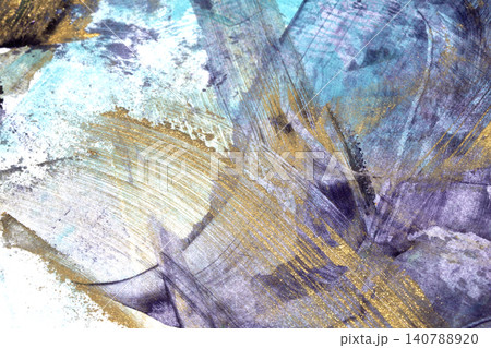 Blue, purple, gold metallic paint strokes vibrant background texture 140788920