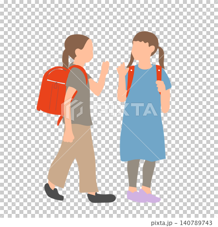 An illustration of girls talking while wearing school backpacks. An illustration of girls talking while wearing school backpacks. 140789743