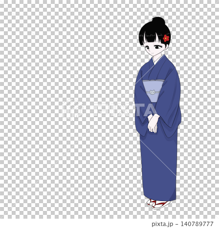 一位穿著和服的女子雙手合十站立，準備為顧客服務。 140789777