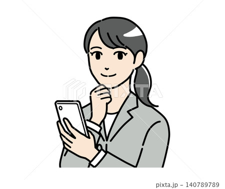 スマホを操作するスーツを着た女性のイラスト カラー スマホを操作するスーツを着た女性のイラスト カラー 140789789