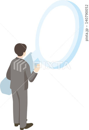 大きな虫眼鏡で調査するビジネスマンのアイソメトリックイラスト　分析・検索・課題発見　イメージ　素材 140790052