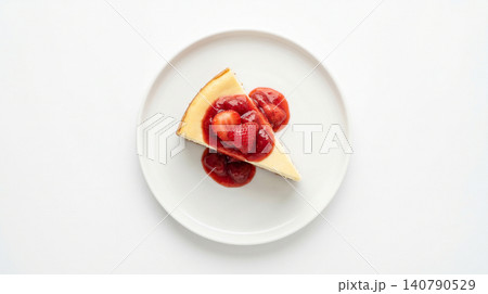Single slice of strawberry cheesecake on a white plate with cheesecake strawberry delicious culinary isolated homemade minimalist presentation background lighting gastronomy indulgence 140790529