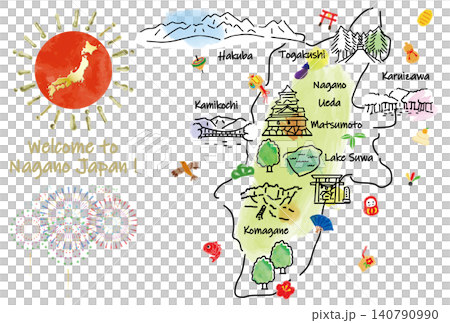 一張長野縣旅遊景點和吉祥物地圖,配有可愛的手繪插圖。 一張長野縣旅遊景點和吉祥物地圖,配有可愛的手繪插圖。 140790990