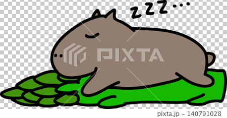 A cute, hand-drawn illustration of a capybara sleeping on asparagus. 140791028