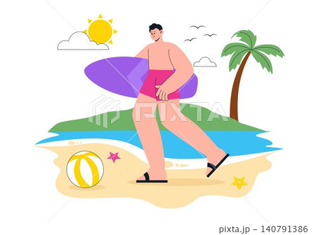 Summer Vibes Vector Illustration Featuring Tropical Beach Vacation, Surfing Adventure, Relaxing Holiday, Palm Trees, Sunshine, and Coastal Lifestyle 140791386