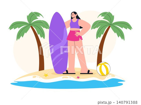 Summer Vibes Vector Illustration Featuring Tropical Beach Vacation, Surfing Adventure, Relaxing Holiday, Palm Trees, Sunshine, and Coastal Lifestyle 140791388