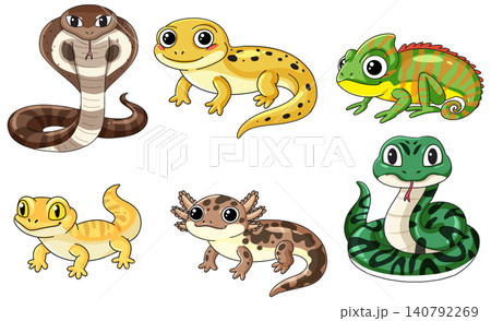 Collection of Cute Cartoon Reptiles and Amphibians Vector Illustration Set Collection of Cute Cartoon Reptiles and Amphibians Vector Illustration Set 140792269