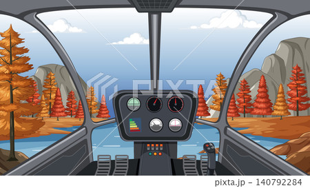 Helicopter Cockpit View Flying Over Autumn Forest and Mountain Landscape Helicopter Cockpit View Flying Over Autumn Forest and Mountain Landscape 140792284