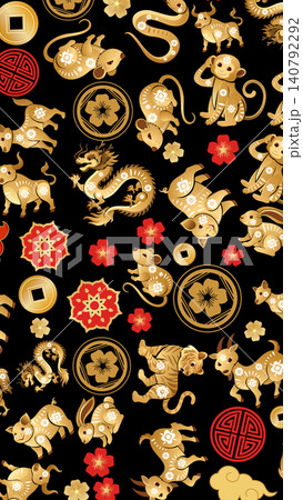 Golden Chinese Zodiac Animals Seamless Pattern on Black Background 140792292