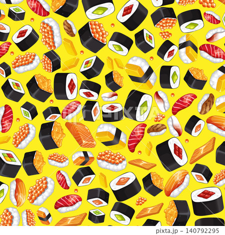 Seamless Vector Pattern of Assorted Japanese Sushi on Yellow Background Seamless Vector Pattern of Assorted Japanese Sushi on Yellow Background 140792295
