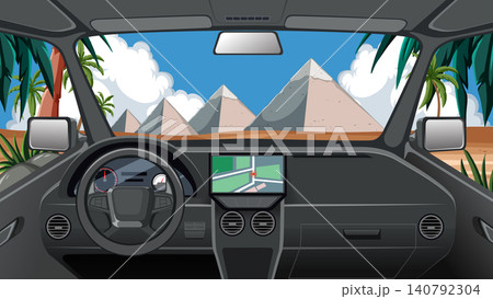 Vector Illustration of Car Interior Driving Toward Ancient Desert Pyramids Vector Illustration of Car Interior Driving Toward Ancient Desert Pyramids 140792304