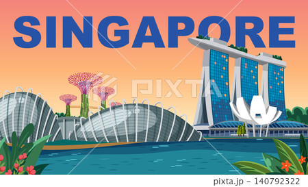 Singapore City Skyline Vector Illustration with Famous Landmarks and Waterfront View Singapore City Skyline Vector Illustration with Famous Landmarks and Waterfront View 140792322