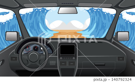 First Person View of Car Driving Toward Massive Ocean Waves 140792324