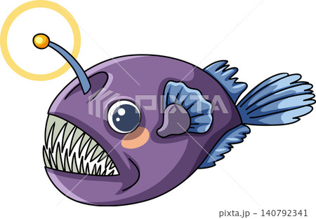 Cute Purple Anglerfish Vector Illustration with Glowing Lure and Sharp Teeth 140792341