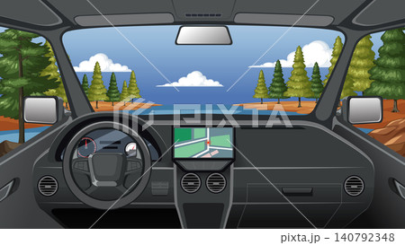 Vector Illustration of Car Interior Dashboard with Forest Road View Vector Illustration of Car Interior Dashboard with Forest Road View 140792348