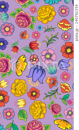 Colorful Mexican Folk Art Floral Pattern on Purple Background 140792354
