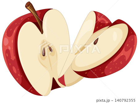 Vector Illustration of a Fresh Red Apple Cut into Halves and Slices 140792355