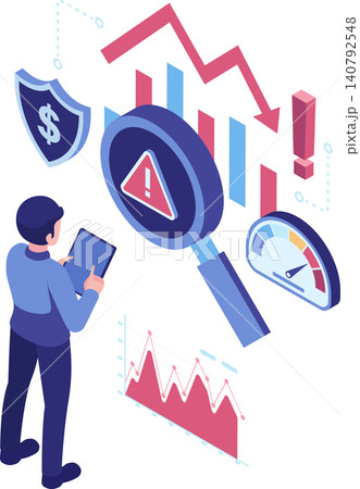 Isometric Businessman Analyzing Business Risk with Falling Graph 140792548