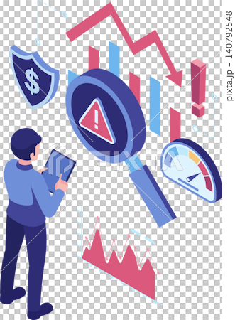 Isometric Businessman Analyzing Business Risk with Falling Graph 140792548