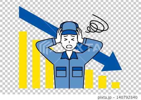 下降するグラフと頭を抱えて悩むつなぎ作業服の男性 下降するグラフと頭を抱えて悩むつなぎ作業服の男性 140792840