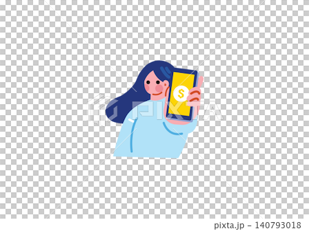 スマホでお金を稼ぐ女性のイラスト 140793018