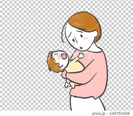一位母親抱著不願被抱的嬰兒。 一位母親抱著不願被抱的嬰兒。 140793409