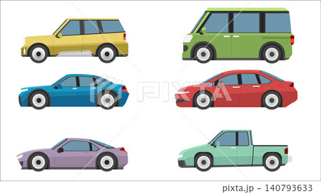 Collection of flat vector vehicle icons shown from a side view profile. Set includes various automobiles such as a sports car, sedan, pickup truck, SUV, and van. Isolated white color. 140793633