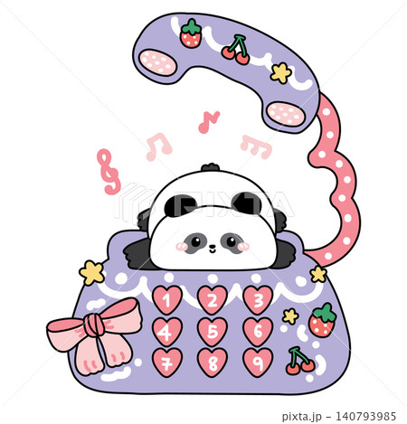 Cute teddy panda bear lay on classic retro telephone desk.Kid graphic.Strawberry,cherry,star,music note,bow hand drawn.Chinese animal character cartoon.Kawaii.Vector.Illustration. Cute teddy panda bear lay on classic retro telephone desk.Kid graphic.Strawberry,cherry,star,music note,bow hand drawn.Chinese animal character cartoon.Kawaii.Vector.Illustration. 140793985