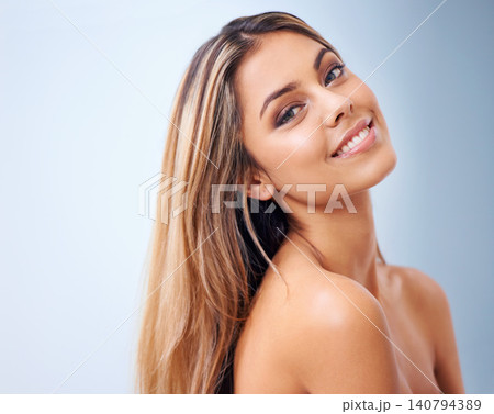 Beauty, natural and portrait of woman in studio for health, wellness and facial treatment. Skincare, cosmetic and female person with face dermatology routine for glow by gray background with mockup. Beauty, natural and portrait of woman in studio for health, wellness and facial treatment. Skincare, cosmetic and female person with face dermatology routine for glow by gray background with mockup. 140794389