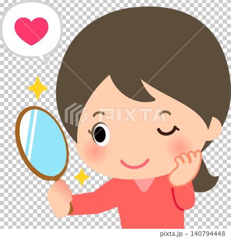 A young woman posing in front of a hand mirror; a narcissist. A young woman posing in front of a hand mirror; a narcissist. 140794448