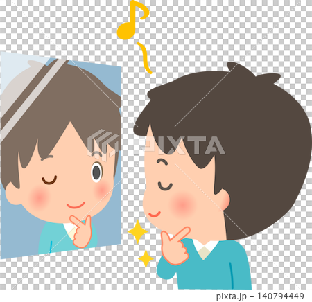 一個年輕男子在鏡子前擺姿勢；一個自戀者。 140794449