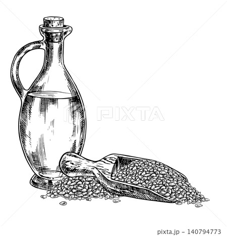 Oil in a glass bottle and seeds in a wooden scoop. Black and white vector graphics. Hand-drawn illustrations. Perfect for labels, product packaging, posters, banners, menus, and more. 140794773