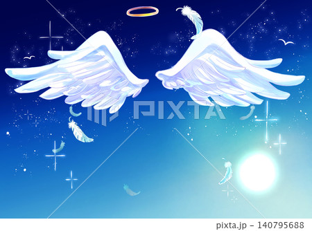 天使の羽と輪 舞い散る羽根 月 天使の羽と輪 舞い散る羽根 月 140795688