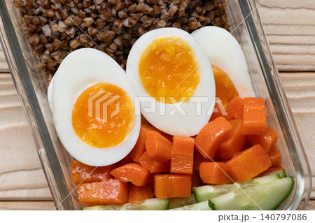 Soft boiled eggs buckwheat vegetables Soft boiled eggs buckwheat vegetables 140797086