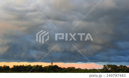 Dark Stormy Sky, Overcast Rain Clouds, Dramatic Weather Presentation Backdrop 140797483