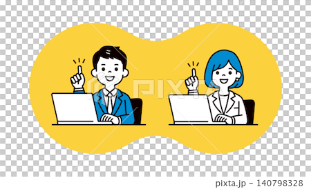 A set of vector illustrations of businessmen and businesswomen using computers to explain key points. A set of vector illustrations of businessmen and businesswomen using computers to explain key points. 140798328