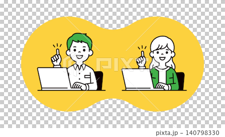 ひらめく・説明する、ノートパソコンの前に座る若い男性と女性の上半身ベクターイラスト素材セット 140798330
